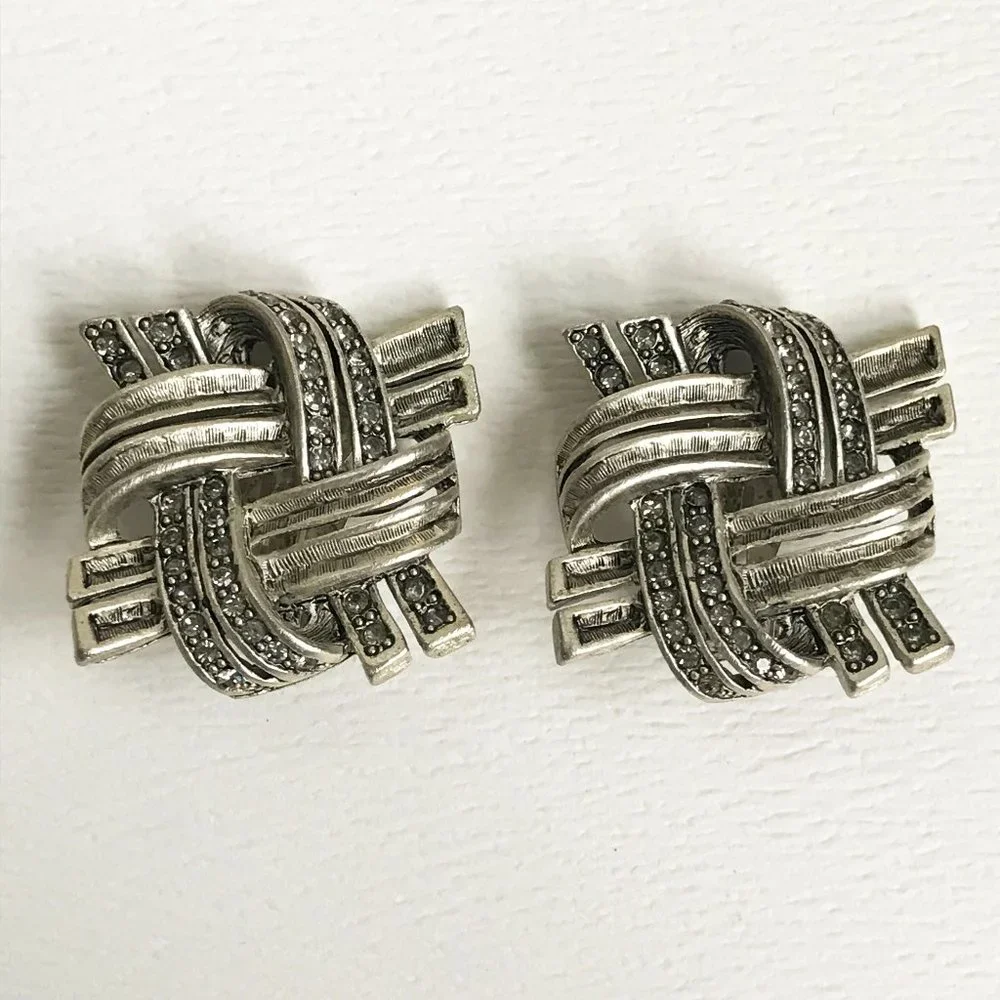 Oscar de la Renta Silver Tone Pave Pound Sign Woven Runway Clip-On Earrings - Picture 1 of 7